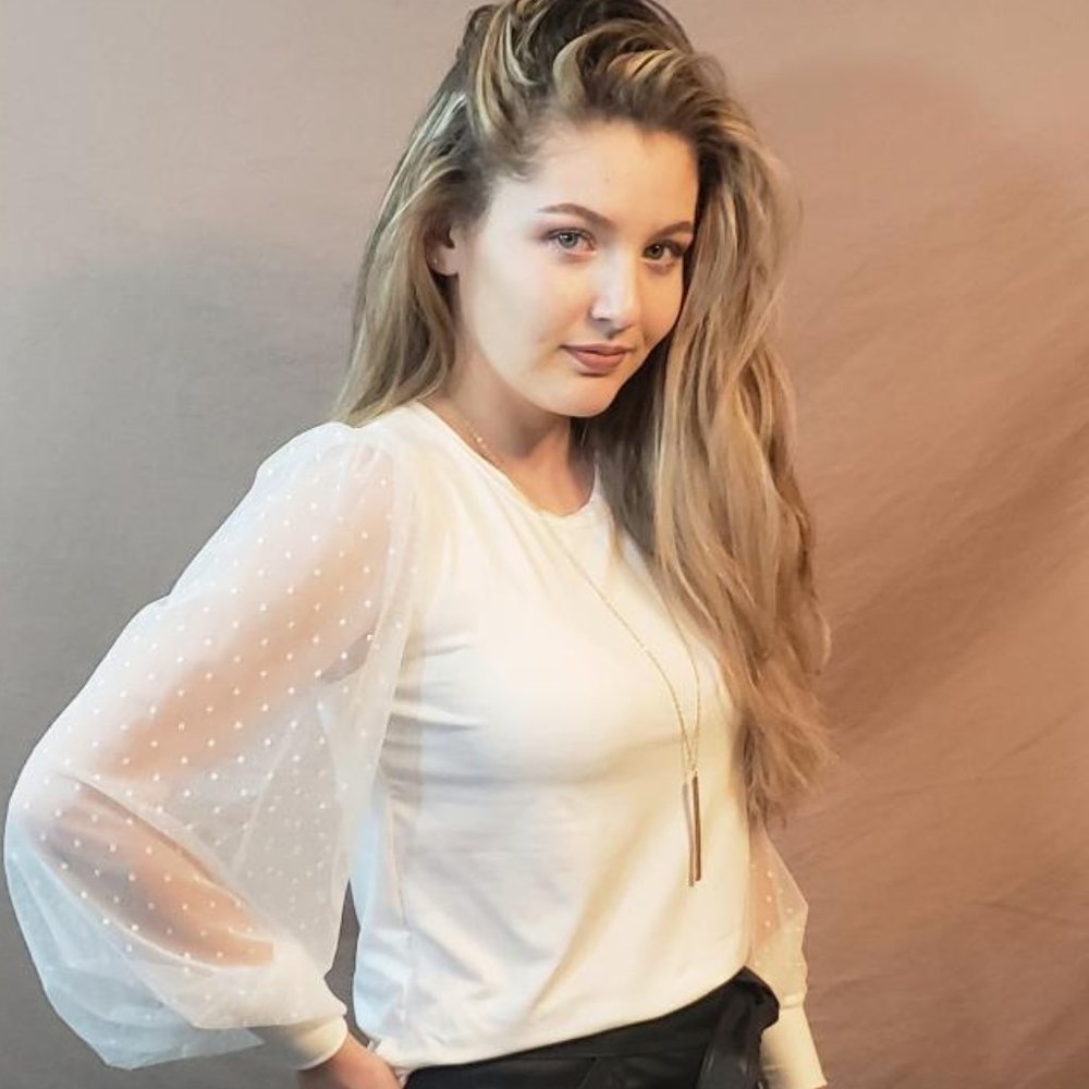 Mesh Balloon Sleeve Blouse (White) - Picture 2 of 4